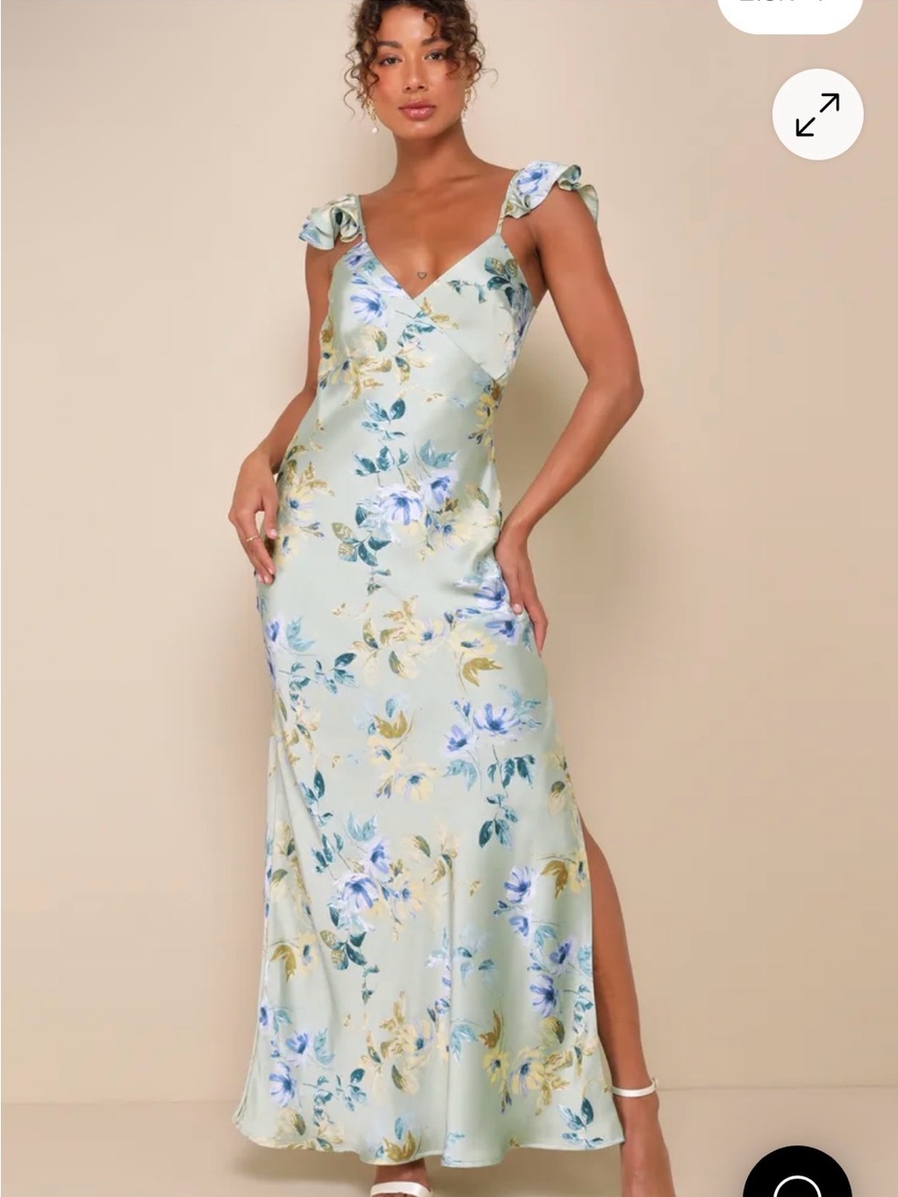 Floral Satin Slip Dress - Light Green